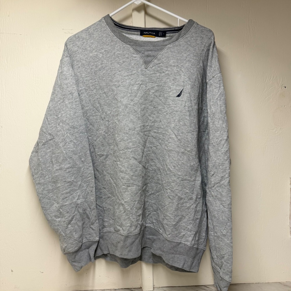 Nautica Mens Heavyweight Fleece Crewneck Sweatshirt Gray Large Logo V-Stitch